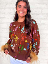 Load image into Gallery viewer, Queen Of Sparkles Brown Multi Skeleton Feather Cardigan