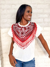 Load image into Gallery viewer, Queen Of Sparkles White and Red Sequin Bandana Fringe Tee