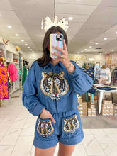 Load image into Gallery viewer, Queen Of Sparkles Denim Cotton Ruffle Tiger Patch Button Up Top