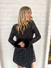 Load image into Gallery viewer, Queen Of Sparkles Black Feather Multi Rhinestone Sequin Romper