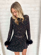 Load image into Gallery viewer, Queen Of Sparkles Black Feather Multi Rhinestone Sequin Romper