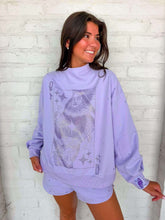Load image into Gallery viewer, Queen Of Sparkles Lavender Scattered Jewel QOS Card Logo Mock Neck Sweatshirt