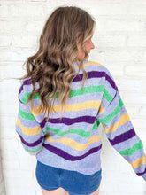Load image into Gallery viewer, Mardi Gras Color Stripe Round Neck Purple Sweater Top