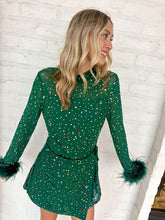 Load image into Gallery viewer, Queen Of Sparkles Green Feather Multi Rhinestone Sequin Romper