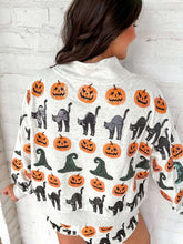 Load image into Gallery viewer, Queen Of Sparkles Light Gray Witch Hat, Pumpkin &amp; Cat Mock neck Sweatshirt