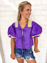 Load image into Gallery viewer, Queen Of Sparkles Licensed Purple LSU Cotton Tie Front Jersey Top