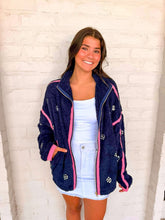 Load image into Gallery viewer, Queen Of Sparkles Navy Rhinestone Zip Up Fleece