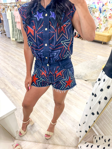 Queen Of Sparkles Groovy Star Denim Romper