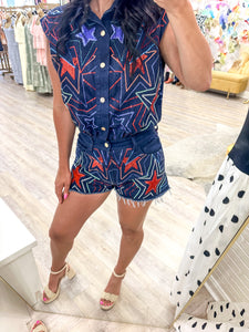 Queen Of Sparkles Groovy Star Denim Romper