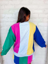 Load image into Gallery viewer, Queen Of Sparkles Multi Colorblock Stripe QOS Card Logo Sweatshirt