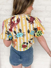 Load image into Gallery viewer, Queen Of Sparkles Yellow Stripe Crab &amp; Lobster Tie Top