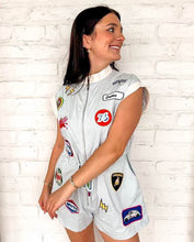 Load image into Gallery viewer, Queen Of Sparkles Chambray NASCAR Patch Tie Romper