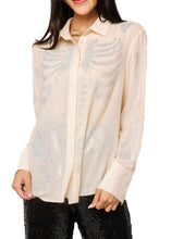Load image into Gallery viewer, Queen Of Sparkles Beige Silk Rhinestone Skeleton Button Down Top