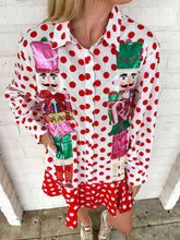 Load image into Gallery viewer, Queen Of Sparkles Red &amp; White Polka Dot Metallic Nutcracker Button Up Cotton
Dress
