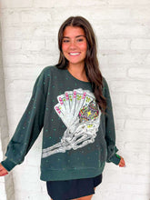 Load image into Gallery viewer, Queen Of Sparkles Charcoal Skeleton Holding Queen Cards Rhinestone Sweatshirt
