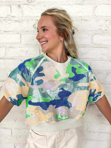 Queen Of Sparkles Beige, Blue & Green Camo Top