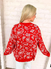 Load image into Gallery viewer, Queen Of Sparkles Red &amp; White Paisley Print Cowboy Santa Sweater