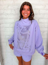 Load image into Gallery viewer, Queen Of Sparkles Lavender Scattered Jewel QOS Card Logo Mock Neck Sweatshirt