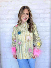 Load image into Gallery viewer, Queen Of Sparkles Gold Stripe Sparkler Feather Sleeve Top
