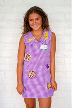 Load image into Gallery viewer, Queen Of Sparkles LSU Mini Icon Purple Gingham Collar Dress