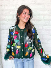 Load image into Gallery viewer, Queen Of Sparkles Green Crochet Multi Christmas Light Cardigan