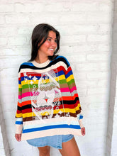 Load image into Gallery viewer, Queen Of Sparkles Multi Striped QOS Card Logo Sweater