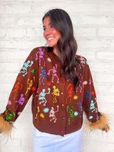 Load image into Gallery viewer, Queen Of Sparkles Brown Multi Skeleton Feather Cardigan
