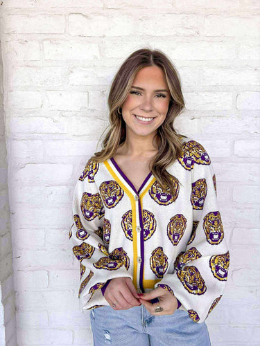 Queen Of Sparkles LSU Tiger Head Cardigan