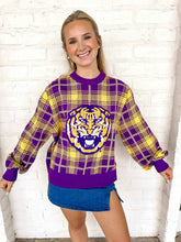 Load image into Gallery viewer, Queen Of Sparkles LSU Plaid Mascot Sweater