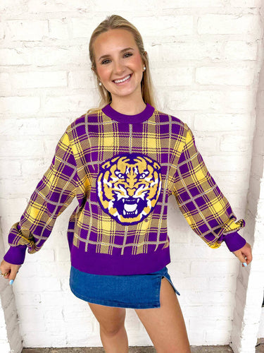 Queen Of Sparkles LSU Plaid Mascot Sweater