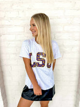 Load image into Gallery viewer, Queen Of Sparkles Grey LSU Multi Jewel Letter Tee