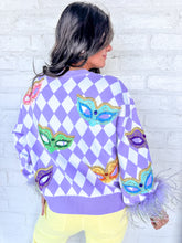 Load image into Gallery viewer, Queen Of Sparkles Lavender &amp; White Diamond Multi Mask Feather Sweater