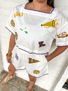 Queen Of Sparkles LSU Mini Embroidered Edge Cotton Shorts