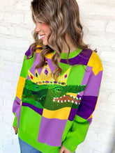 Load image into Gallery viewer, Queen Of Sparkles Mardi Gras Checkered Alligator Queen Sweater