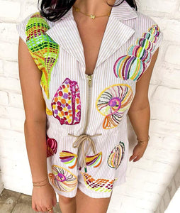 Queen Of Sparkles Tan Stripe Multi Shell Tie Collar Romper