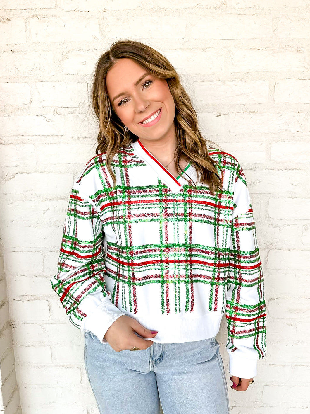 Queen Of Sparkles Plaid V-Neck Sweatshirt