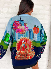 Load image into Gallery viewer, Queen Of Sparkles Multi Thanksgiving Parade Blue Sweater