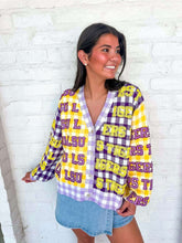Load image into Gallery viewer, Queen Of Sparkles LSU Gingham Sequin Beaded Word Cardigan