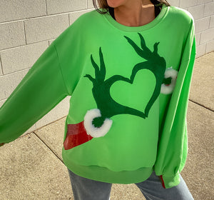 Queen Of Sparkles Green Grinch Heart Hands Sweatshirt