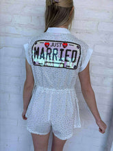 Load image into Gallery viewer, Queen Of Sparkles White Rhinestone 'Just Married' Romper