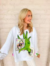 Load image into Gallery viewer, Queen Of Sparkles White &amp; Green Hand Holding QOS Card Sweatshirt