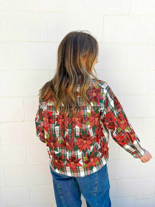 Queen Of Sparkles Red,Green, & White Plaid Poinsettia Button Up Top