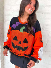 Load image into Gallery viewer, Queen Of Sparkles Multi Ruffle Lace Trim Pumpkin &amp; Bat Sweatshirt