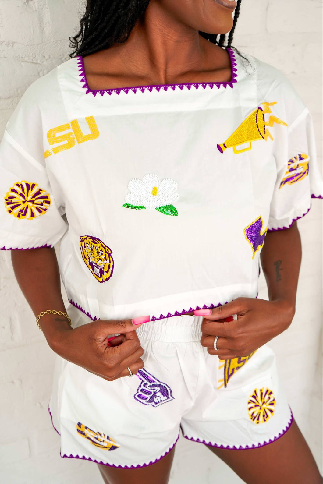 Queen Of Sparkles LSU Mini Icon Embroidered Edge Cotton Top