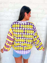 Load image into Gallery viewer, Queen Of Sparkles LSU Gingham Sequin Beaded Word Cardigan