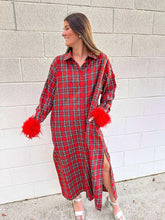 Load image into Gallery viewer, Queen Of Sparkles Red &amp; Green Plaid Feather Sleeve Button Up Midi Dress