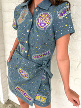 Load image into Gallery viewer, Queen Of Sparkles LSU Denim Multi Rhinestone Logo Tie Romper