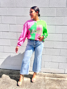 Queen of Sparkles Wicked pink and green color-block sequin sweatshirt