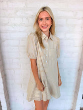 Load image into Gallery viewer, Taupe Stripe Puff Sleeve Shirt Mini Dress