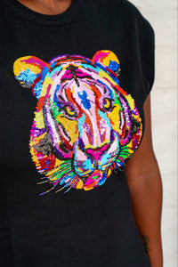Queen Of Sparkles Black Rainbow Tiger Head Sweater Dress